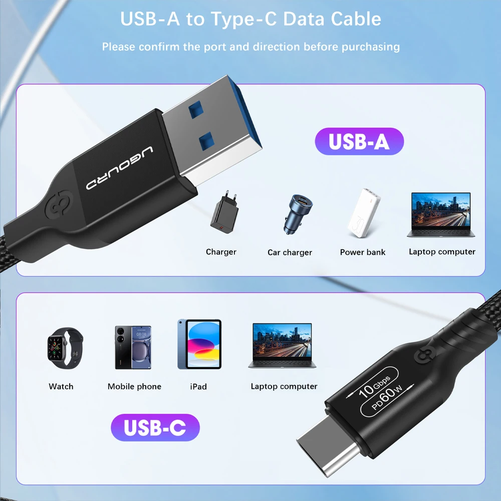 UGOURD USB 3.2 3.1 Gen2 10Gbps USB-A to Type C Cable USB-C Data Transfer Cable 60W Fast Charging Cord for For USB HUB SSD Box