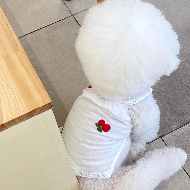 Thin Puppy Sling Pet Summer Cool Vest Pomeranian Flower T-Shirt Poodle Two Legs Clothes Cherry Embroidery Dog Clothes