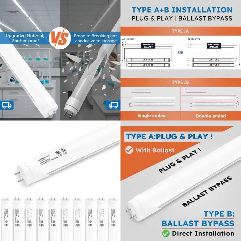 

4ft 10-Pack 48 LED Tube Lights, 5000K Daylight, Hybrid A+B, Frosted, ETL Certified