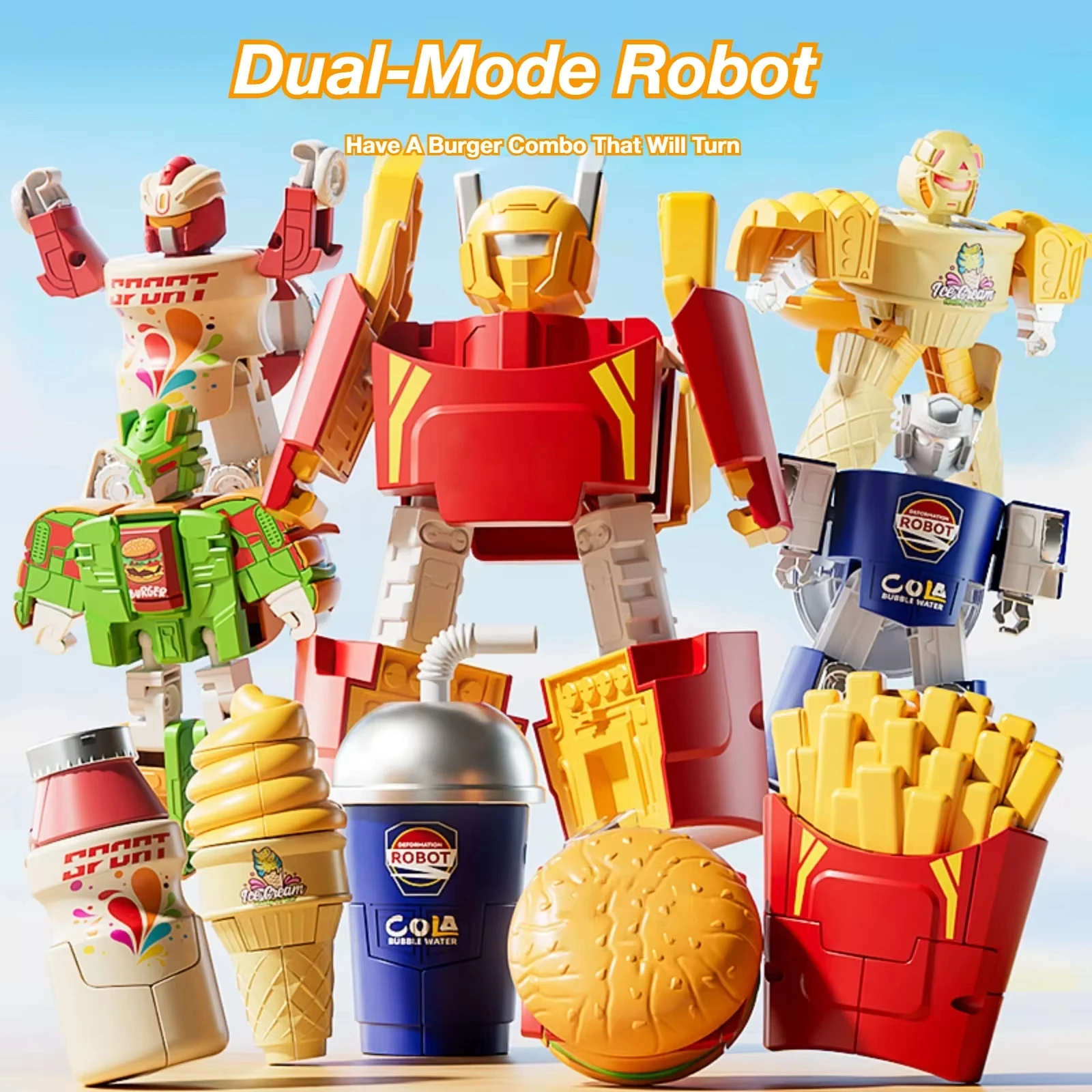 2-in-1 Transforming Food Robot Toy, Hamburger Fries Cola Ice Cream Deformation Mech Action Figure for Kids Boys Girls Gift
