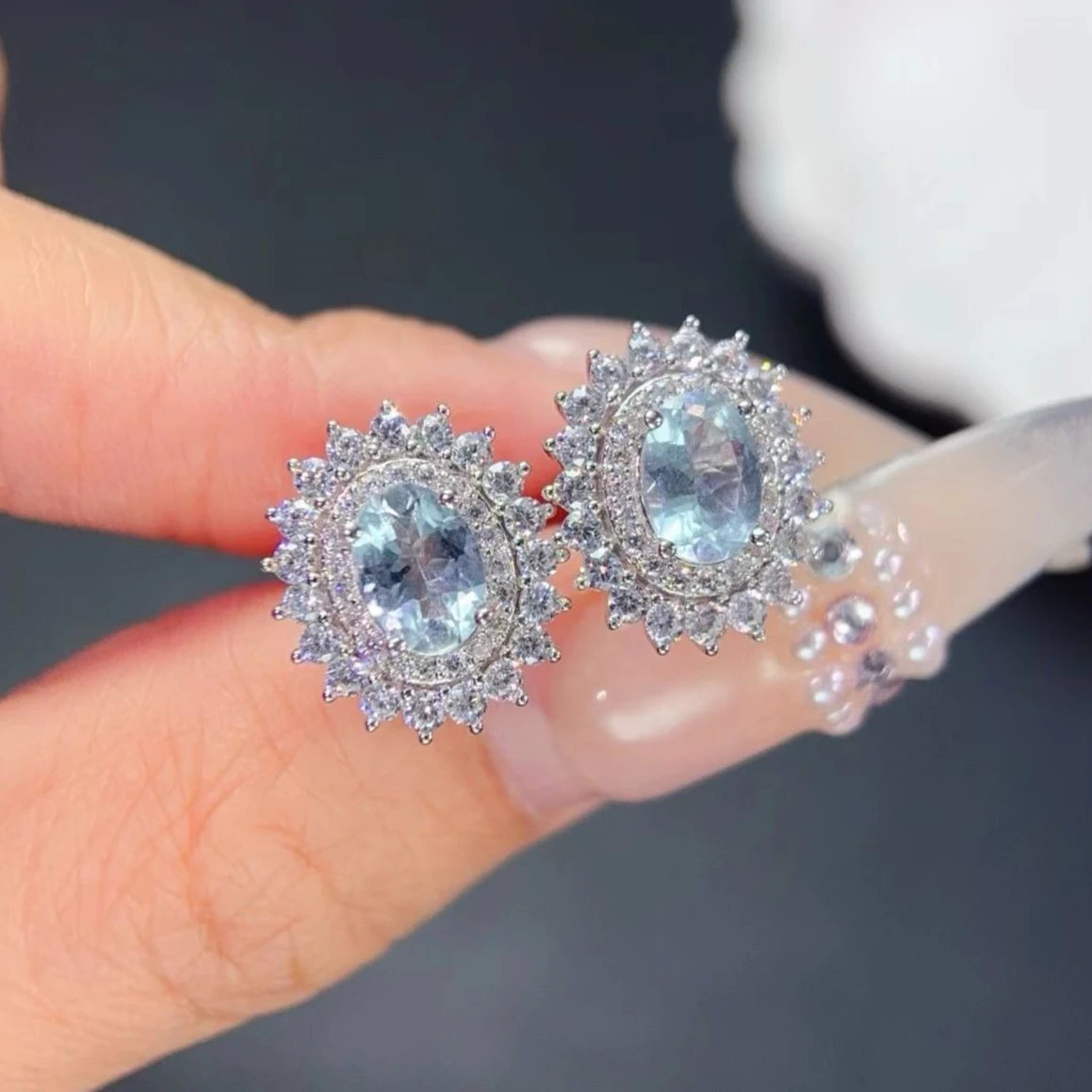 

Silver Aquamarine Earrings with Certificate 5mm*7mm 1.4ct Natural Aquamarine Jewelry 925 Silver Gemstone Stud Earrings