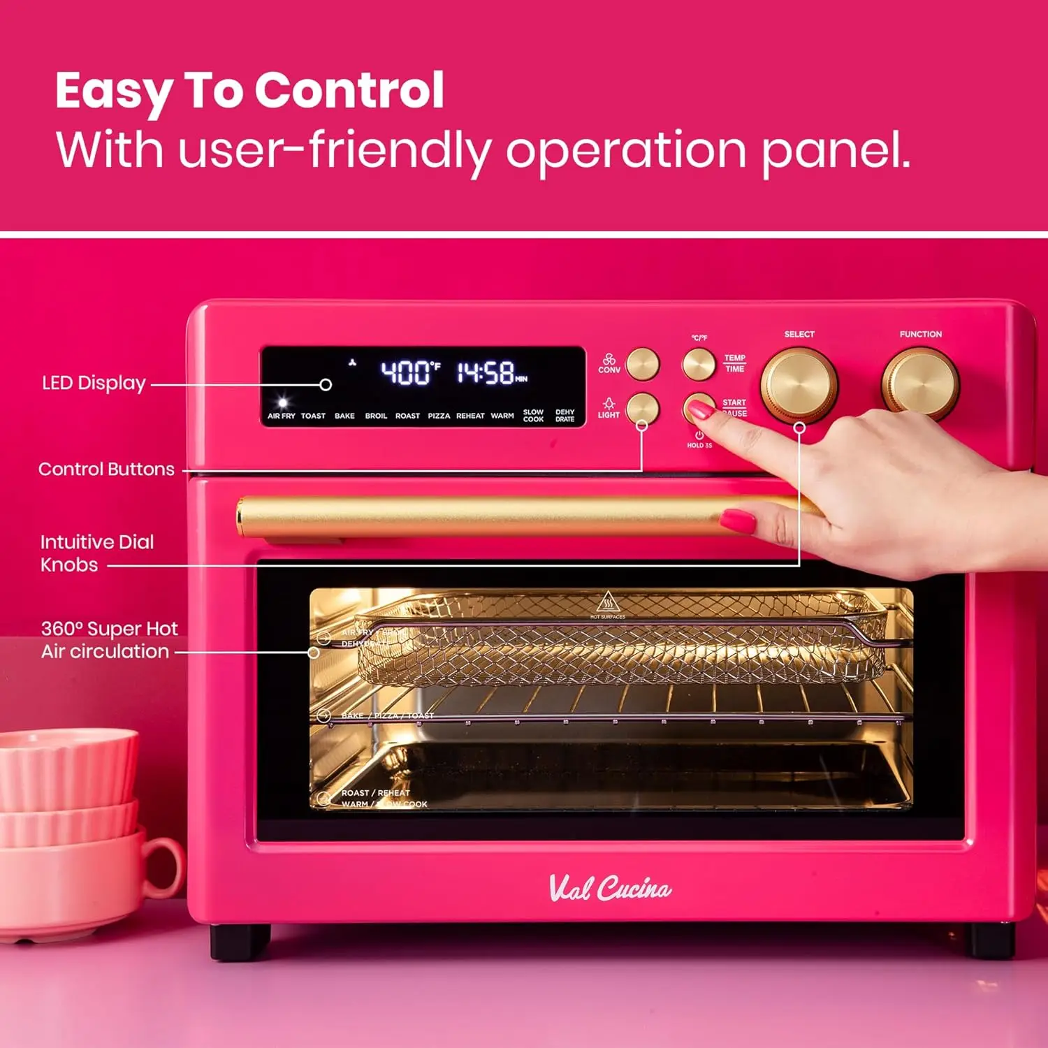 Edition Happy Pink Infrared Heating Air Fryer Toaster Oven, Extra Large Countertop Convection Oven 10-in-1 Combo, 6-Slic