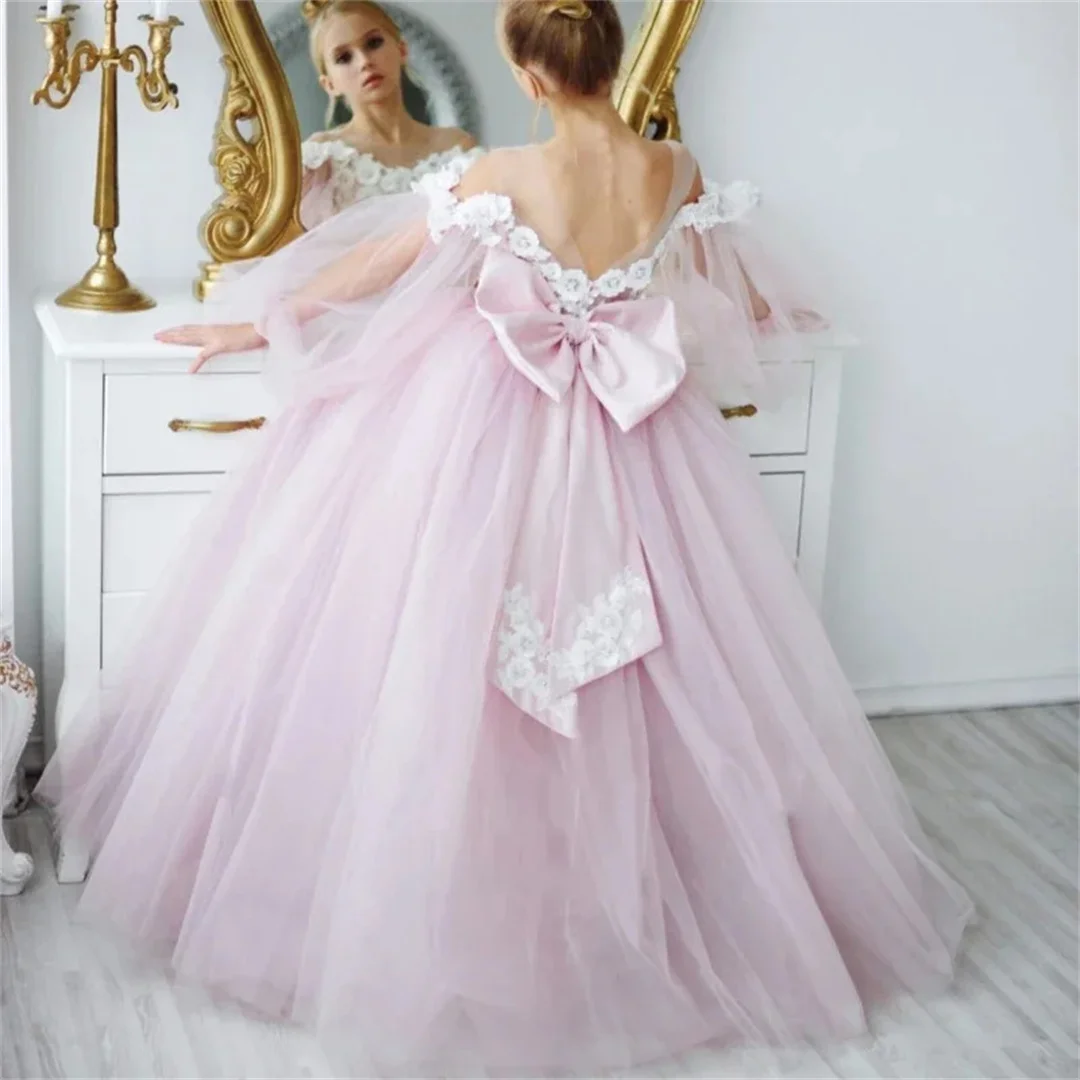 

Pink Tulle White Appliques WIth Bow Long Sleeve For Wedding Birthday Party First Communion Gowns Flower Girl Dresses