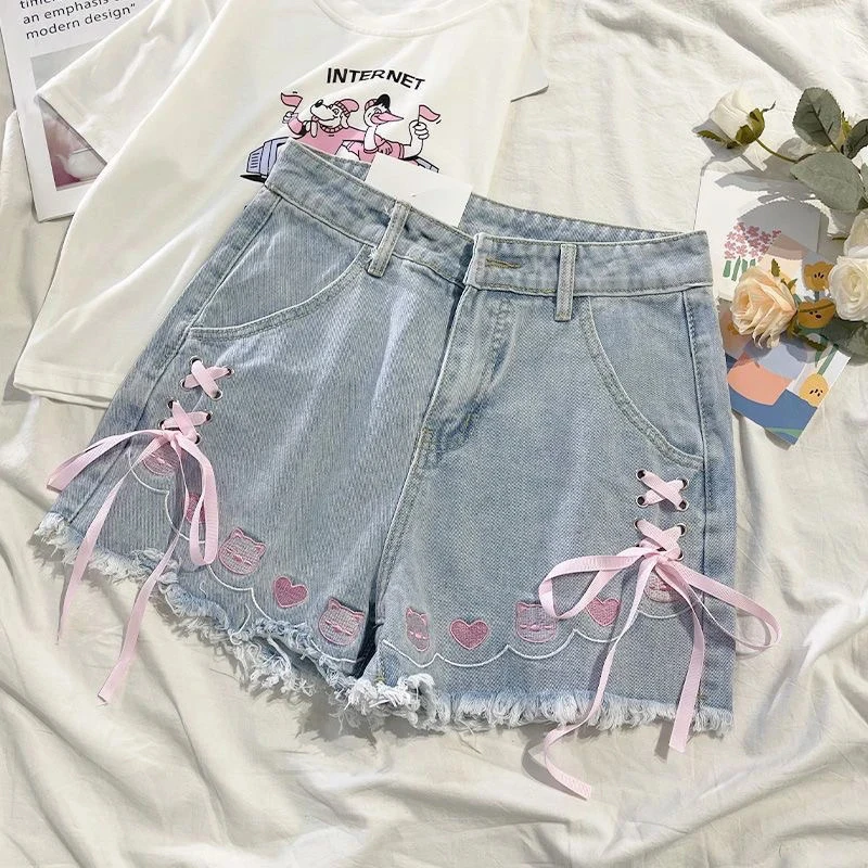 

Kawaii Embroidery Denim Shorts Women Sweet Cross Lace Up Japan Cute Jeans Summer Tassel High Waist Wide Leg Fashion Shorts New