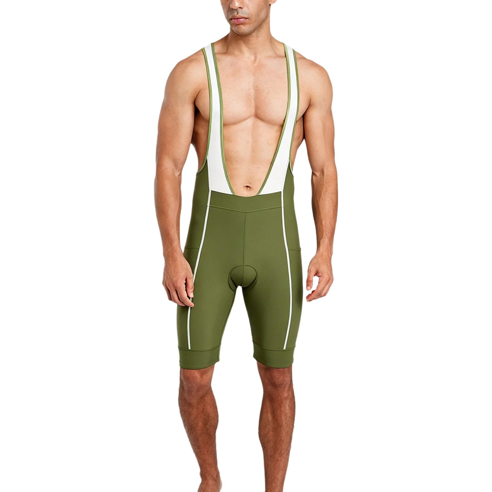Men Sleeveless Padded Cycling Jumpsuit Deep U Neck Color Block Mesh Patchwork Bike Overalls SPORTS Jumpsuit with Pockets