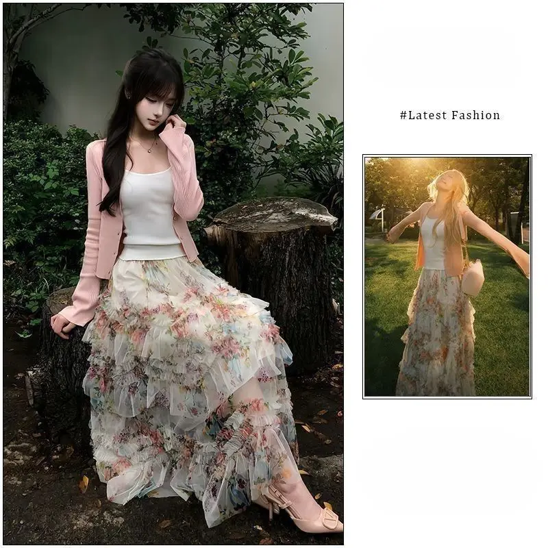 

Women's Three-Piece Set Knitted Cardigan Strap Vest High Waist Floral Half Skirt Casual Style Polyester Fabric Cake Skirt