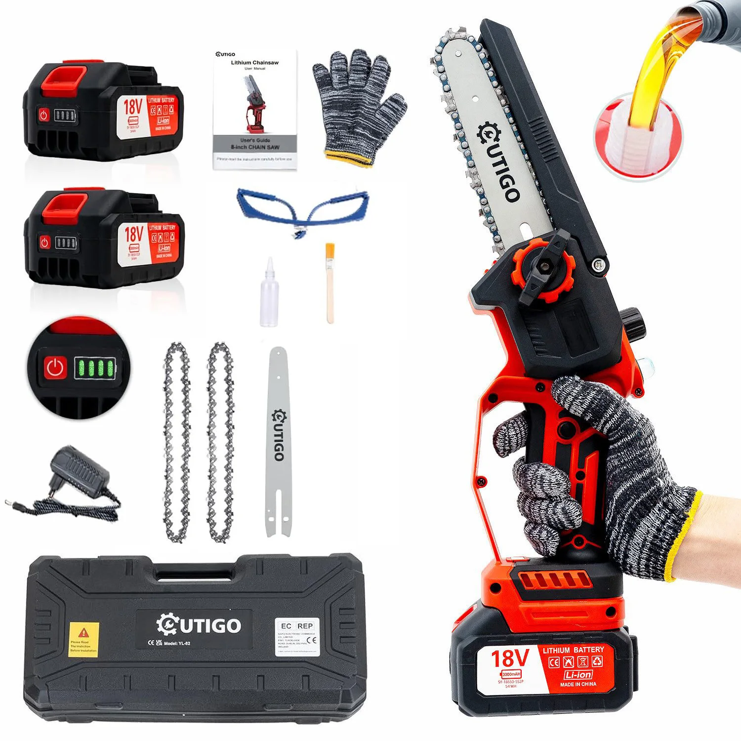 6-Zoll-Batterie-Chassaw, 2*3000mAh, mini gewinde freie Kettensäge, 3 Ketten 1 Ketten führungs