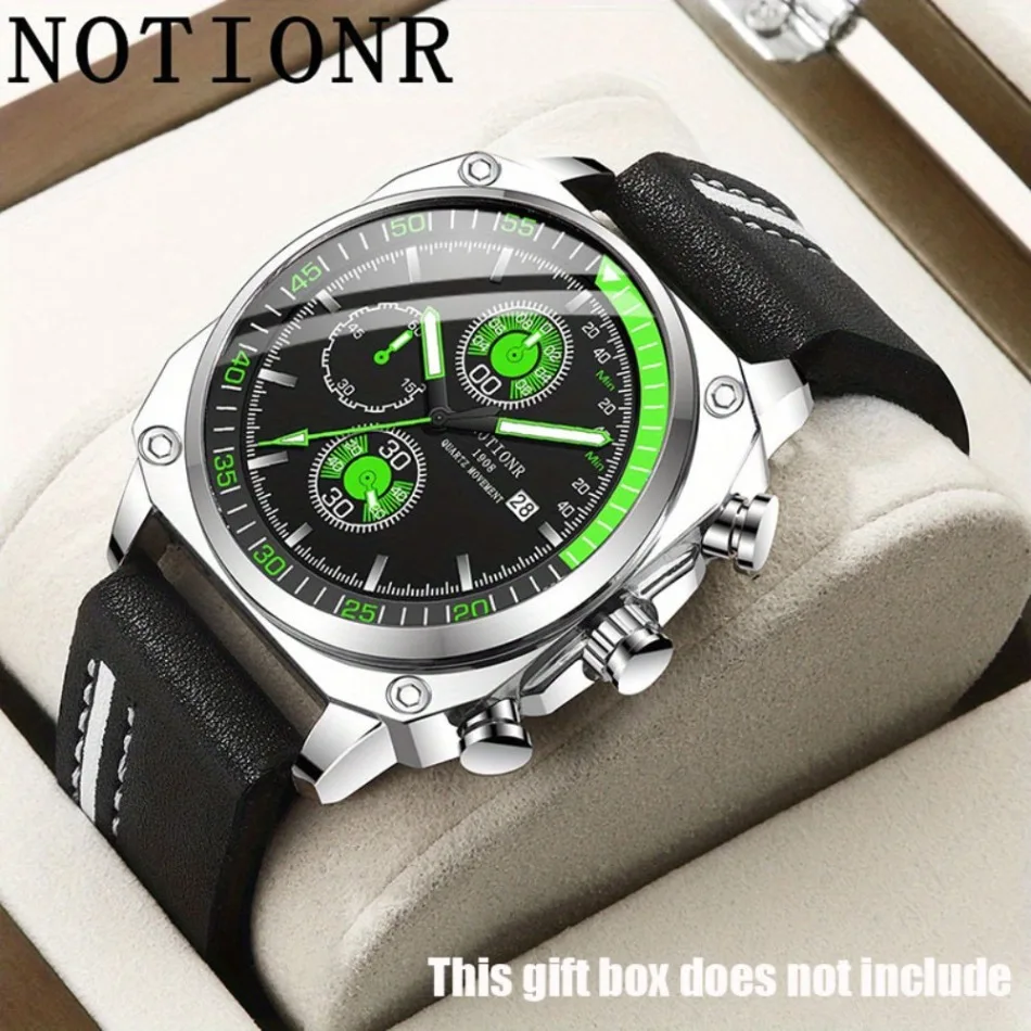 

NOTIONR Деловые мужские модные черно-зеленые кварцевые часы с календарем, роскошные мужские черно-белые наручные часы из искусственной кожи