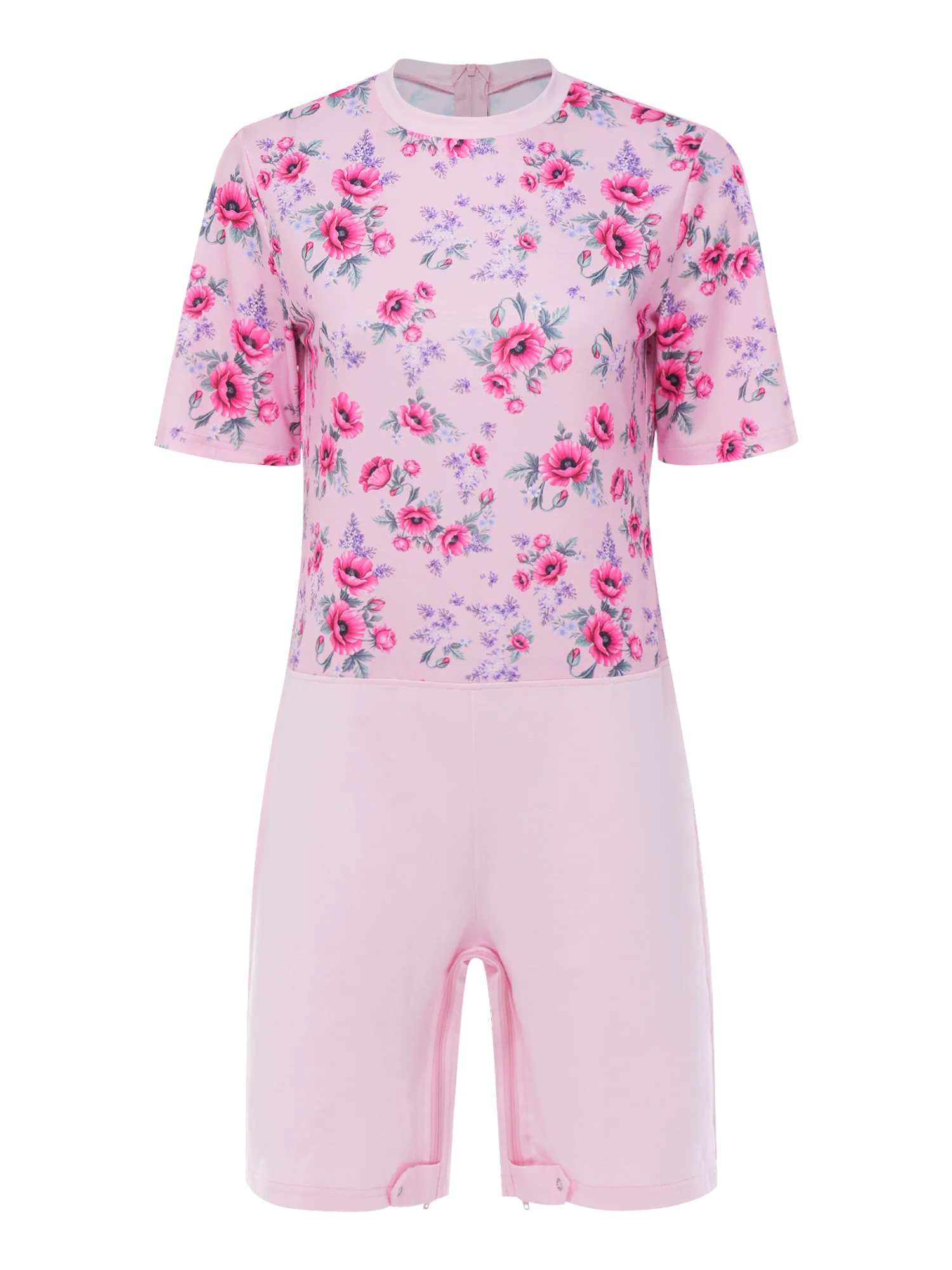 Womens Elderly Adaptive Jumpsuit Floral Printed Short Sleeve Back Zipper Anti-strip Rompers Loungewear Special Need Clothing