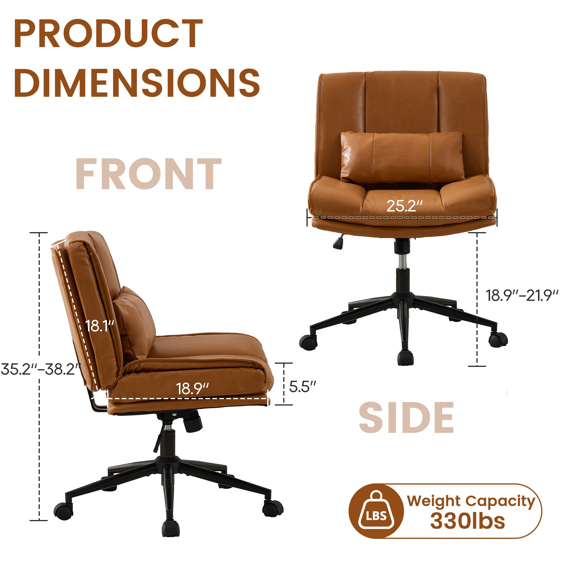 TCGBKAF Armless Criss Cross Office Chair with Wheels PU Leather Brown 5.5
