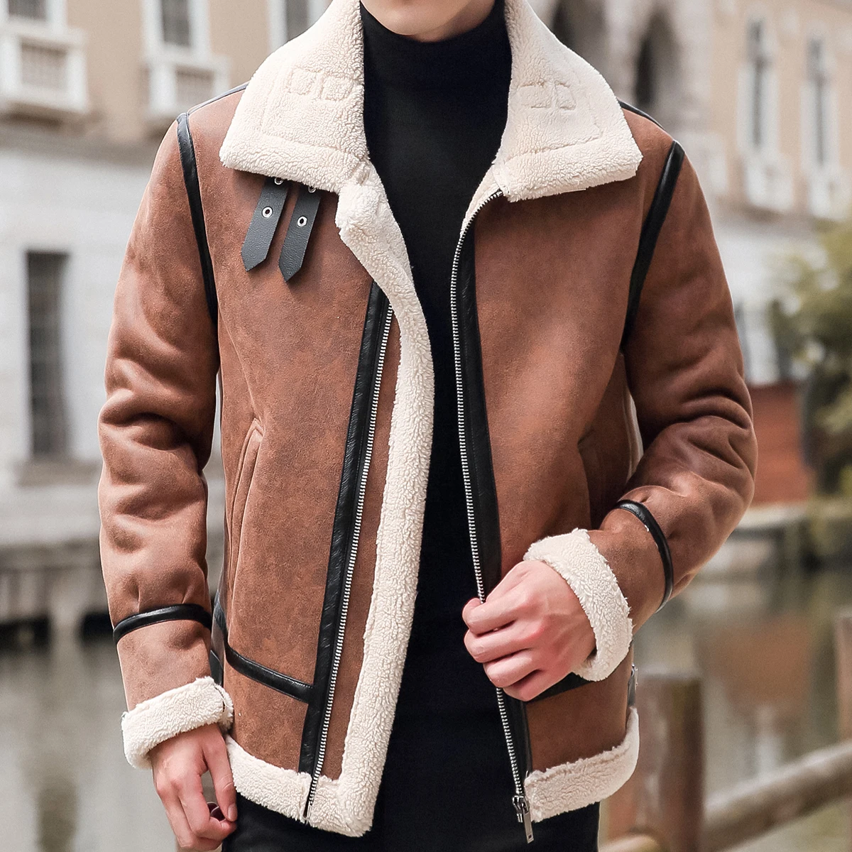 

Short Jacket Male Fur Collar Leather Coat Men's Fleece Leather Motorcycle Mens High Quality Fur Integrated Flight Suit Clothes