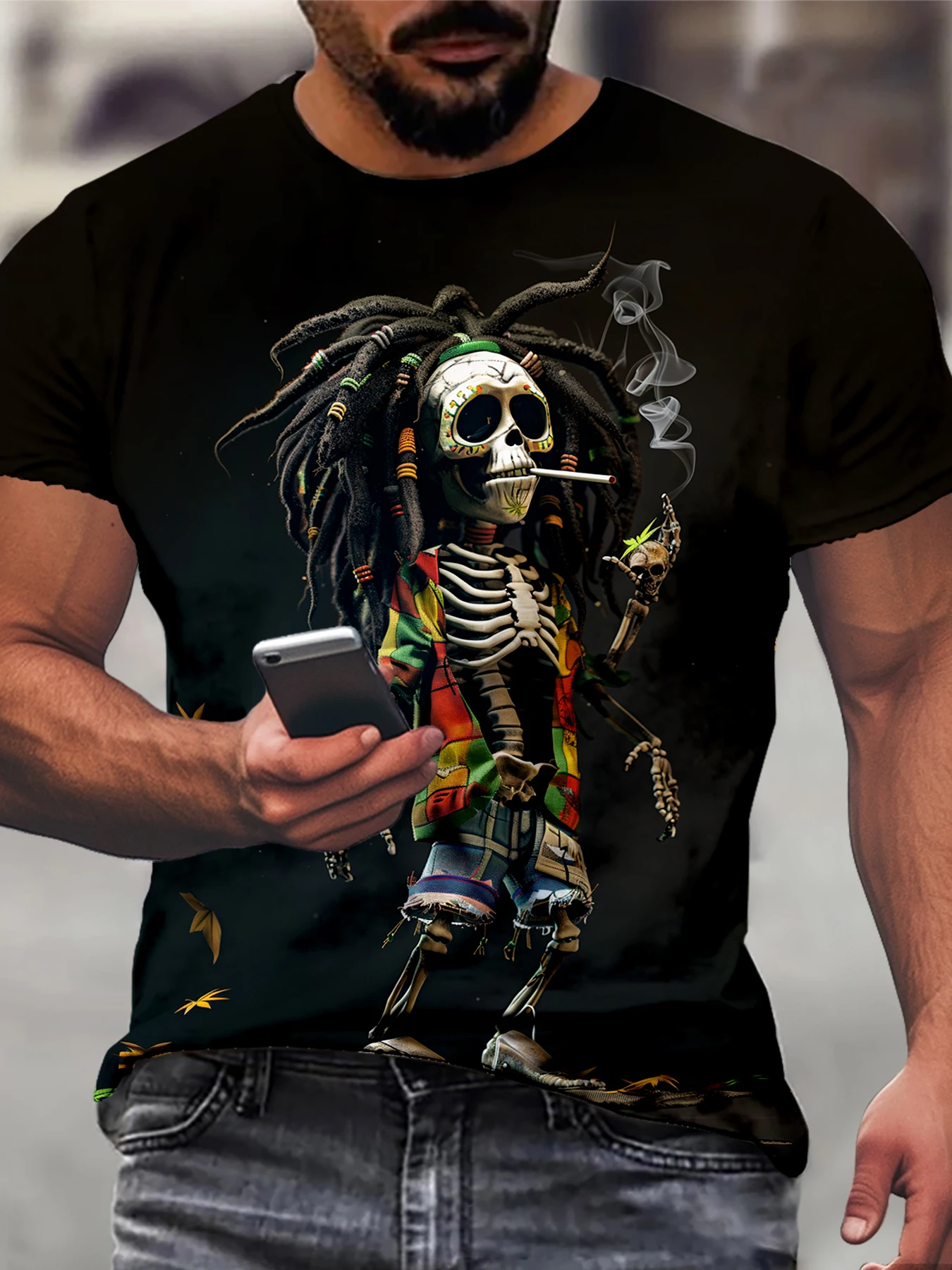 Smoking Skeleton Print Crew Neck And Short Sleeve T-shirt, Men's Fashion Top For Casual And Sports Wear