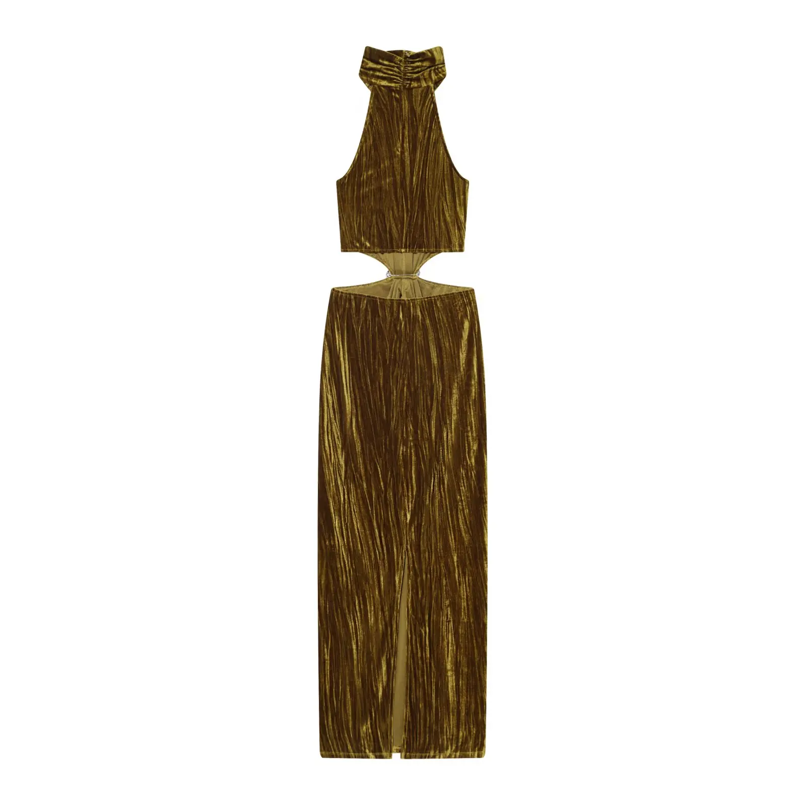 New Women Gold Crushed Velvet Halter Maxi Dress Crystal Accent Cutout Waist Sexy Party Dresses