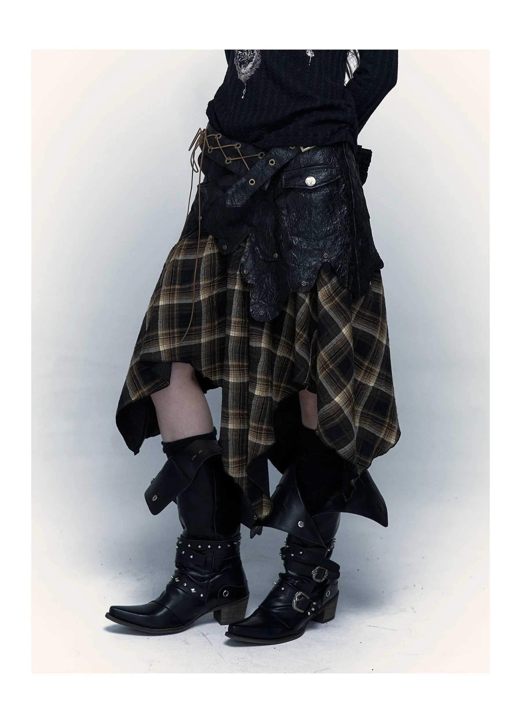 2025 Gothic Harajuku Grunge Aesthetics Irregular Skirt Japanese Y2k Vintage Plaid Skirt Wasteland Punk Patchwork Chic Skirt 90s