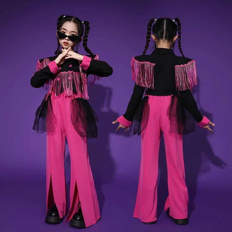 Children Jazz Dance Costumes For Girls Tassel Suit Rose Red Hiphop Street Dance Wear Kids Ballroom Hip Hop Dance Wear DQS16810