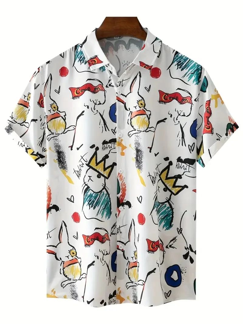 Men\'s Shirt Tops, Cute Graffiti Print, Lapel Bowling Shirt Short Sleeve Casual Summer Hawaiian Shirt Single Breasted Shirt Daily