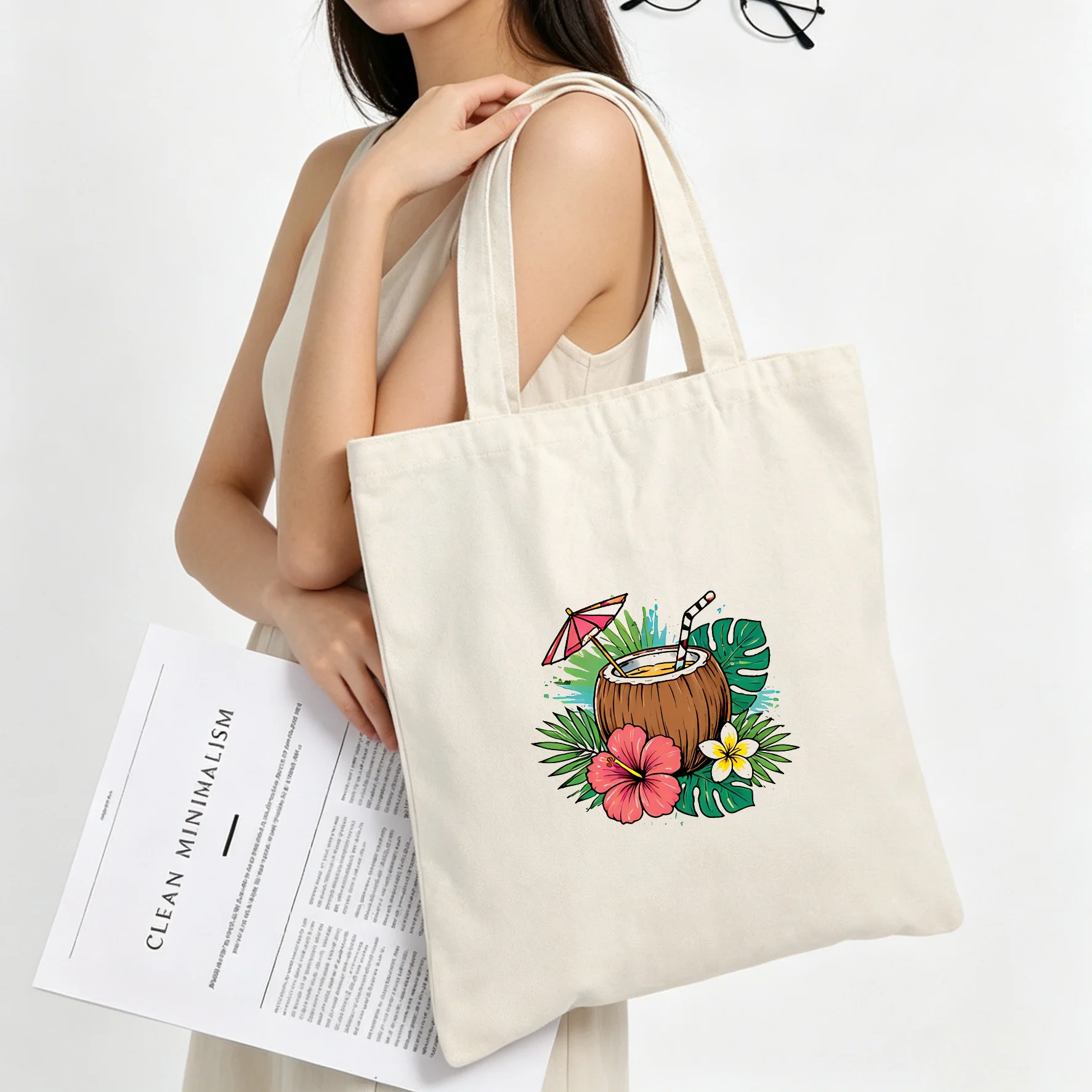 Gift For Her/Him Tropical Coconut Drink 11 Produce Bag Grocery with Handles Medium for Grocery Lightweight Flat Bottom Sturdy Ca