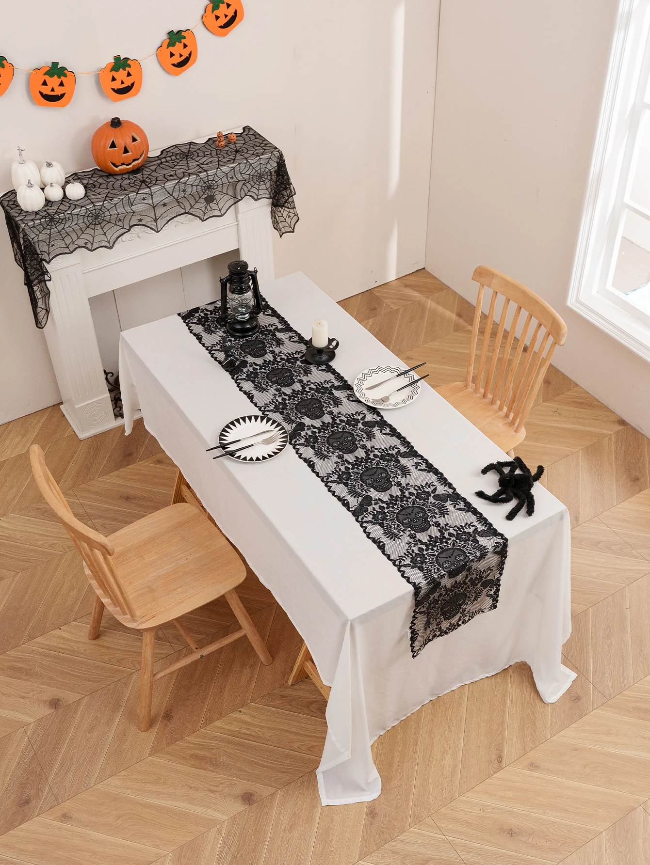 Halloween Skeleton Lace Table Runner for Living Room Kitchen Dining Table Terror Atmosphere Festival Dark Decorations