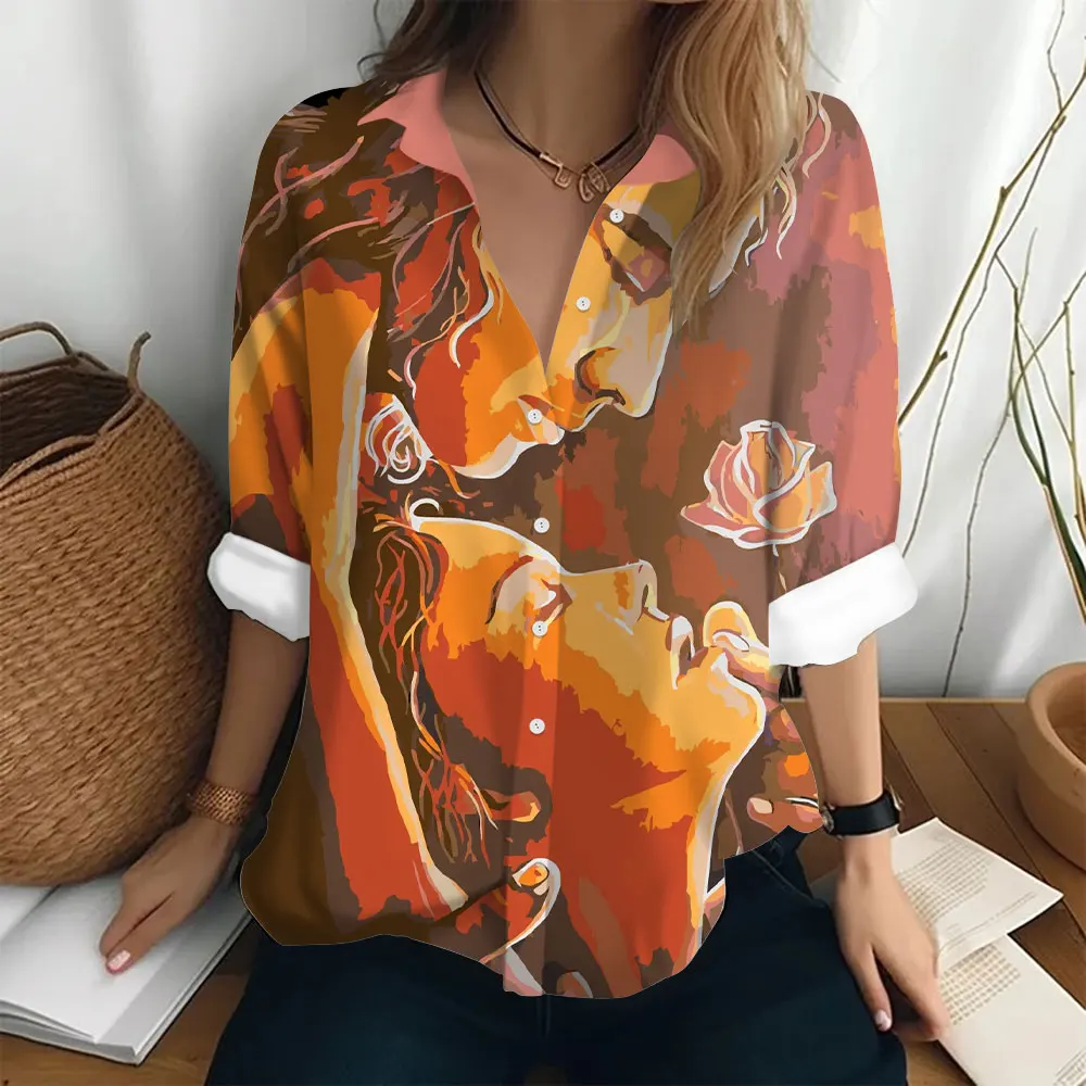 Autumn Women\'s Shirt Fashion Long Sleeve T-shirt Figure Print Loose Button Fashion Top Women\'s Polo Neck Long Sleeve T-shirt