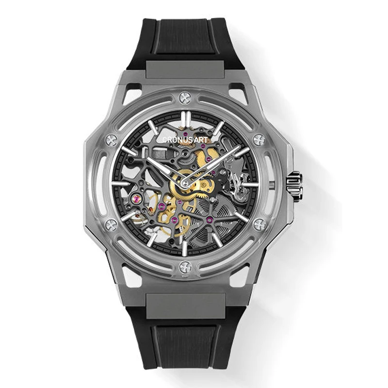 

CRONUSART Мужские автоматические часы 42 мм Титановые механические наручные часы Светящееся сапфировое зеркало Скелетный циферблат Фторкаучуковый ремешок