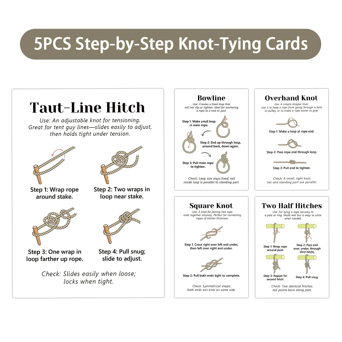 5pcs Essential Knot-Tying Instruction Cards,Step-By-Step Visual Guide,For Everyday&Outdoor Use,For Camping,Hiking,Survival Skill