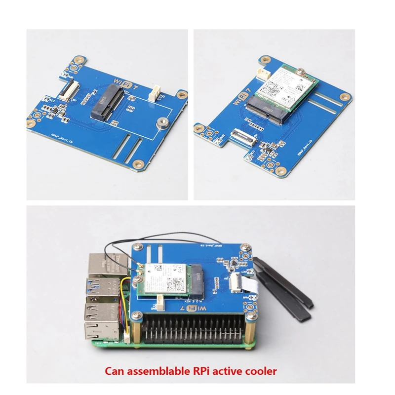 MPW7NA For Raspberry Pi 5 PCIE To M.2 E-Key Wifi7 Module+2 X Antenna BE200 Blue PCB Support Google TPU,Wif6e AX210,AX200 Adapter