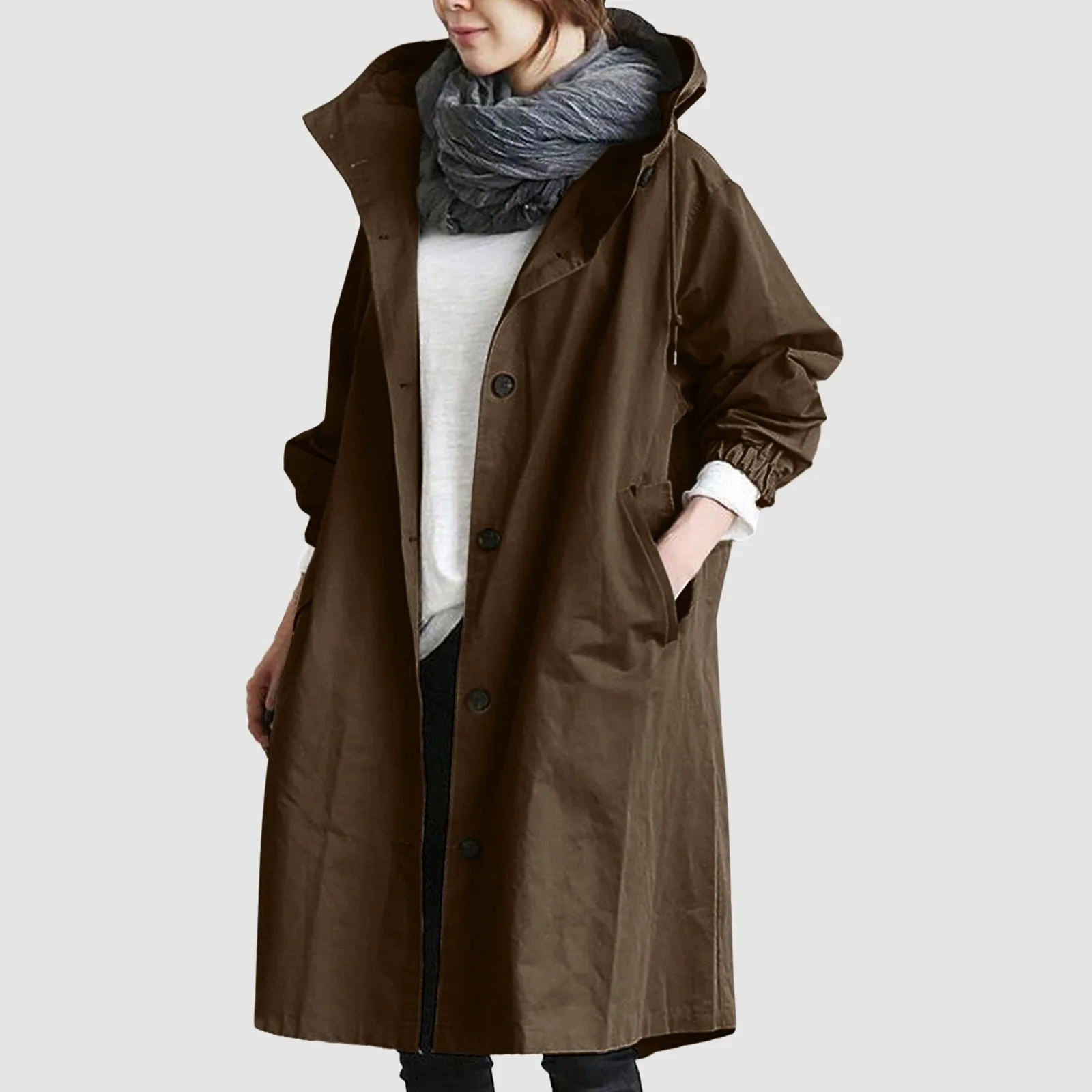 Trench lungo da donna alla moda da donna tinta unita elegante giacca a vento sciolto confortevole con cappuccio temperamento impermeabile da donna