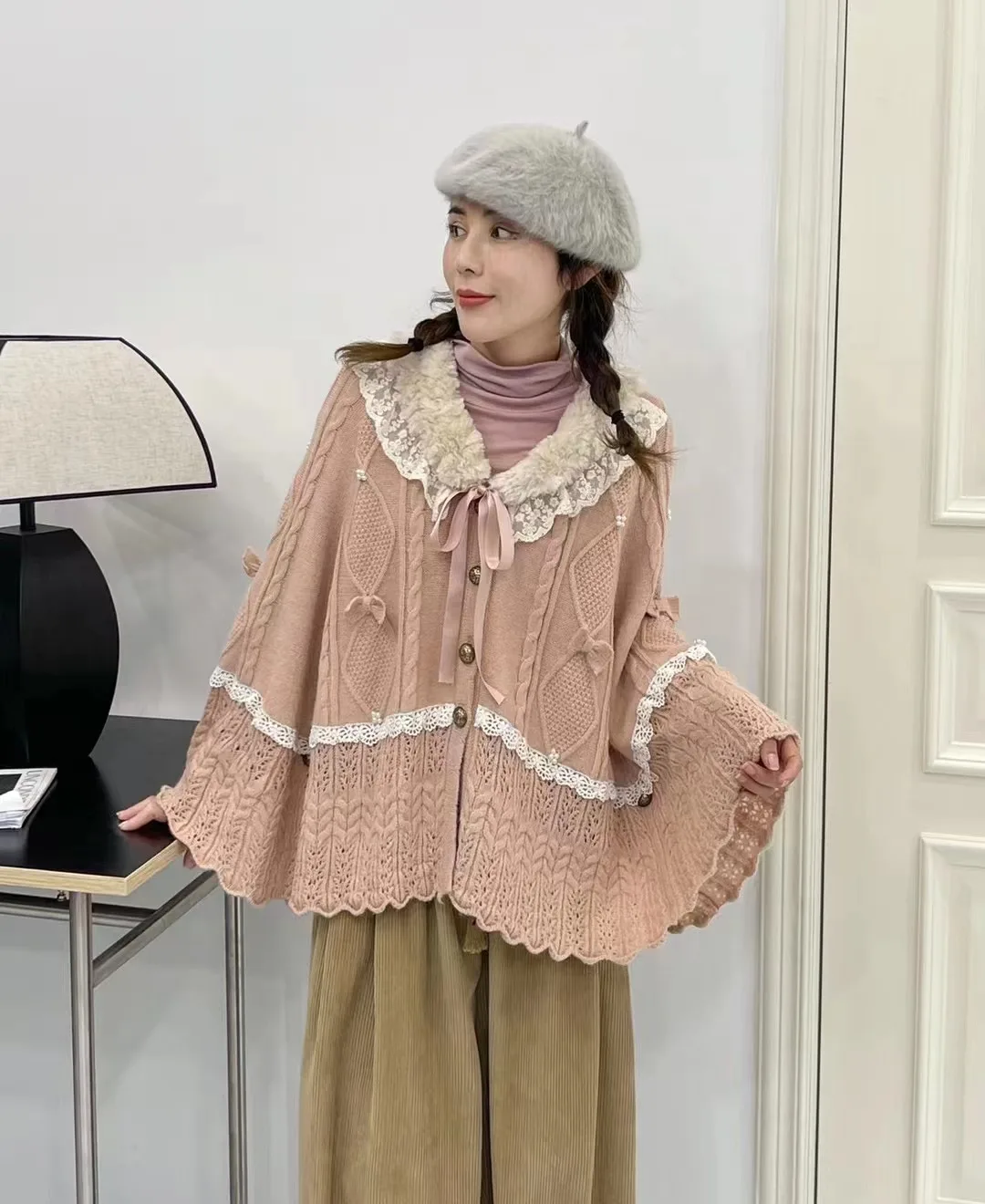 Japanse Stijl Zoete Leuke Meisjes Kant Roze Capes Vrouwen Single-Breasted Lace-Up Elegante Gebreide Poncho Dame Mantel herfst Nieuwe