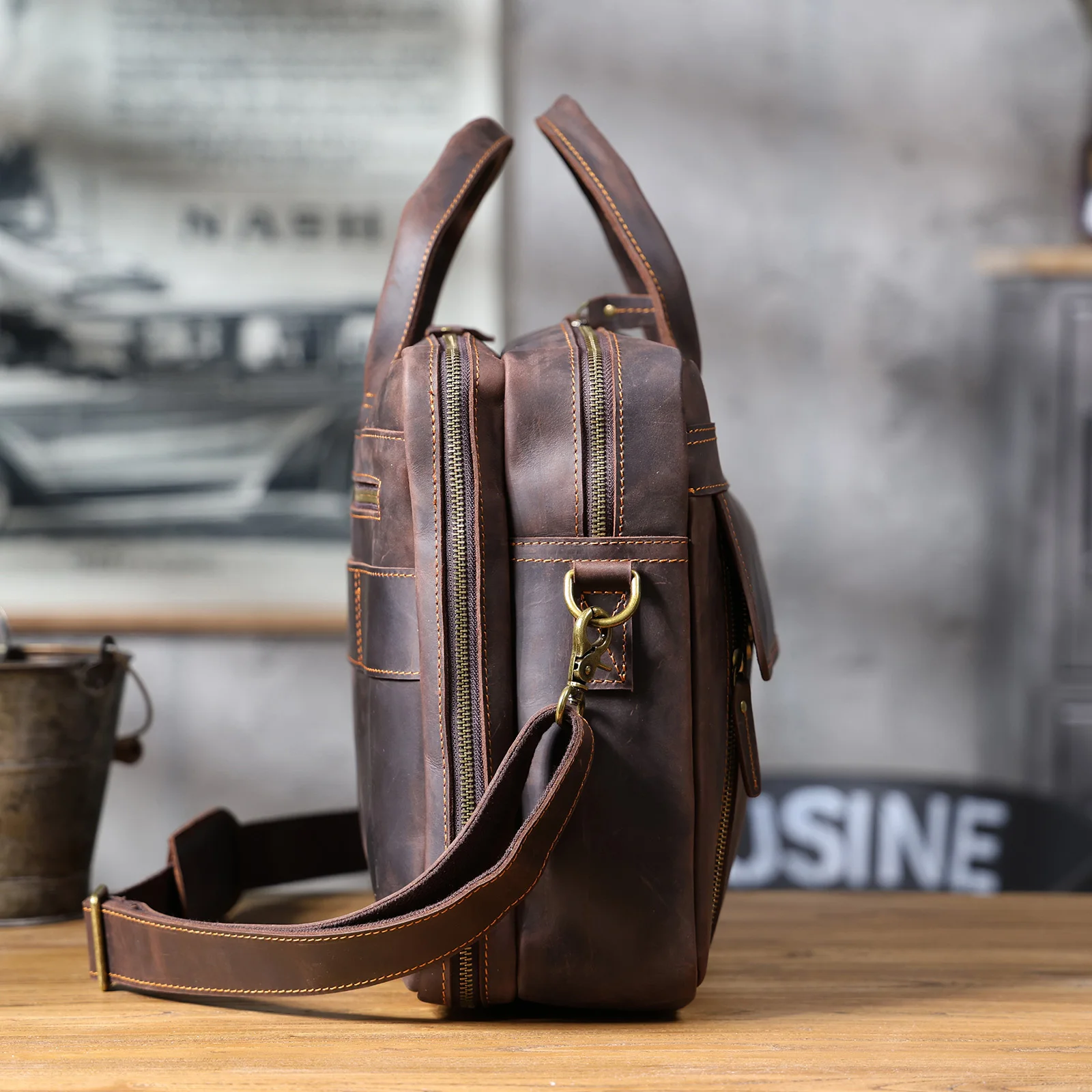 Vintage Echtleder Herren-Aktentasche 17" Laptop-Tasche, Messenger-Taschen für Arbeit und Business, Crazy Horse Rindsleder Handtasche – Detail 9