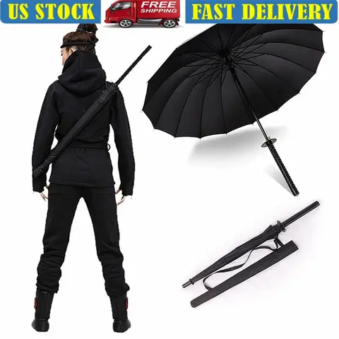 38 Inch Tall Black Samurai Ninja Katana Umbrella Windproof Semi-Automatic Creative Sword Design Stylish Sun Rain Gift