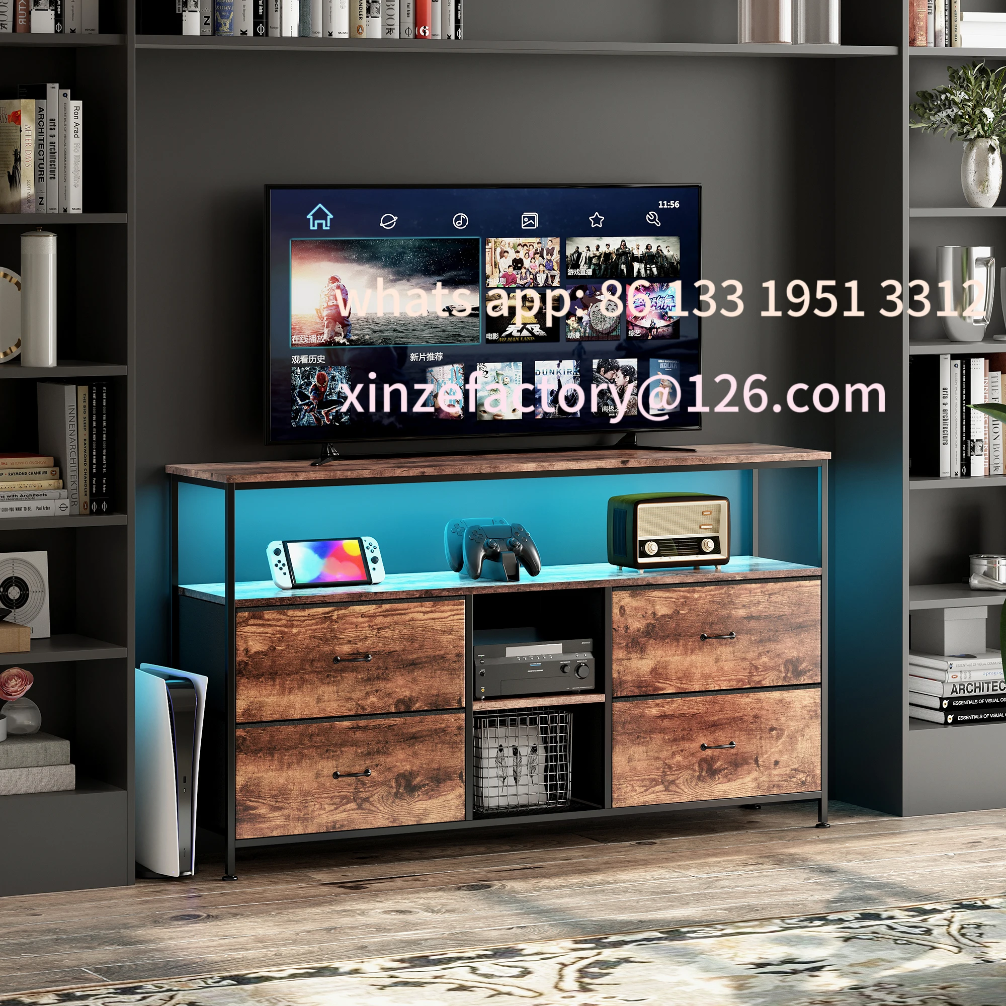 

Customizable TV Chest of Drawers, TV Cabinet with 4 Folding Fabric Drawers, Adjustable RGB LED Lighting for Living Room and Bedr