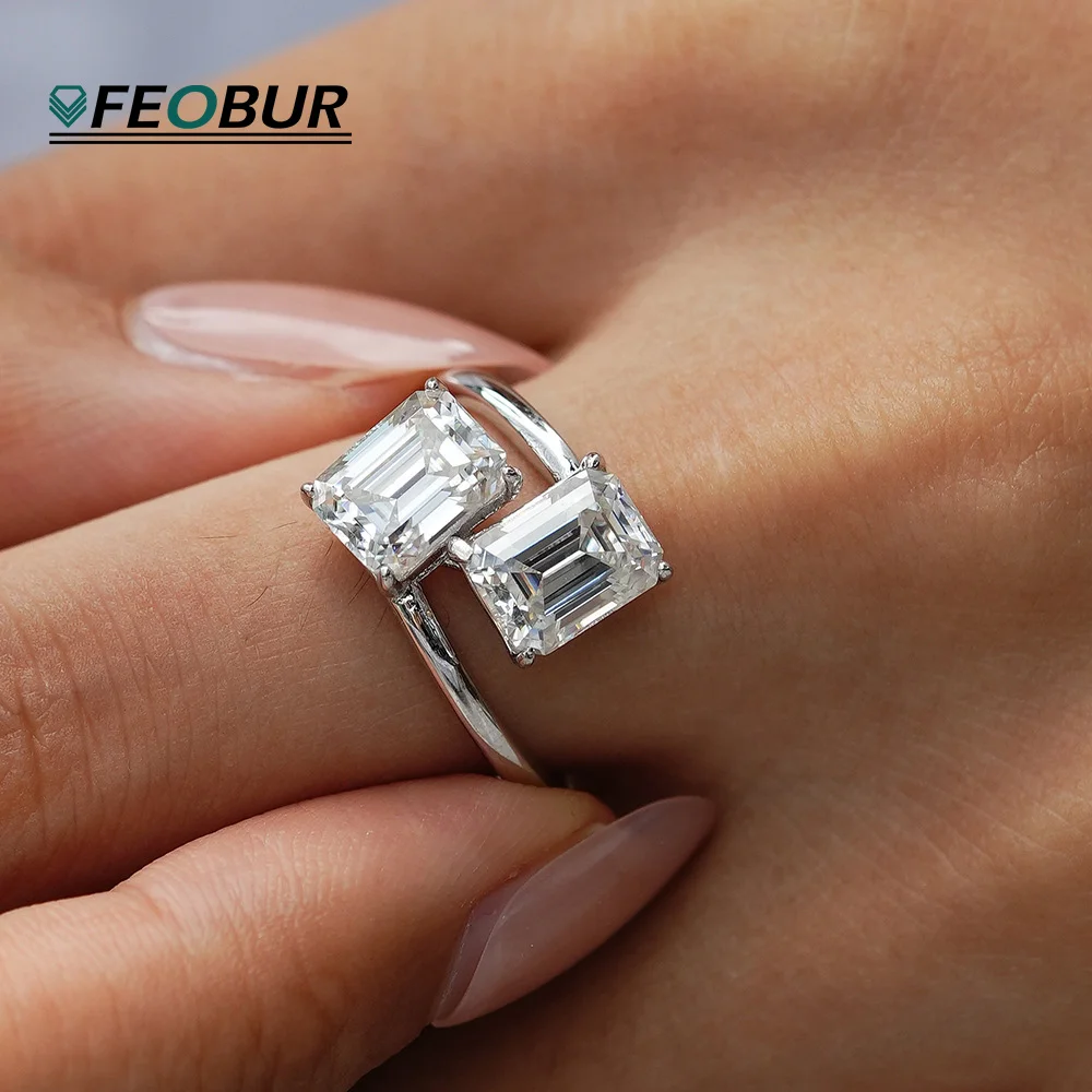 

4CTTW Emerald Cut Moissanite Ring for Women 925 Sterling Silver Baguette Two Stone Engagement Wedding Band with Certificate