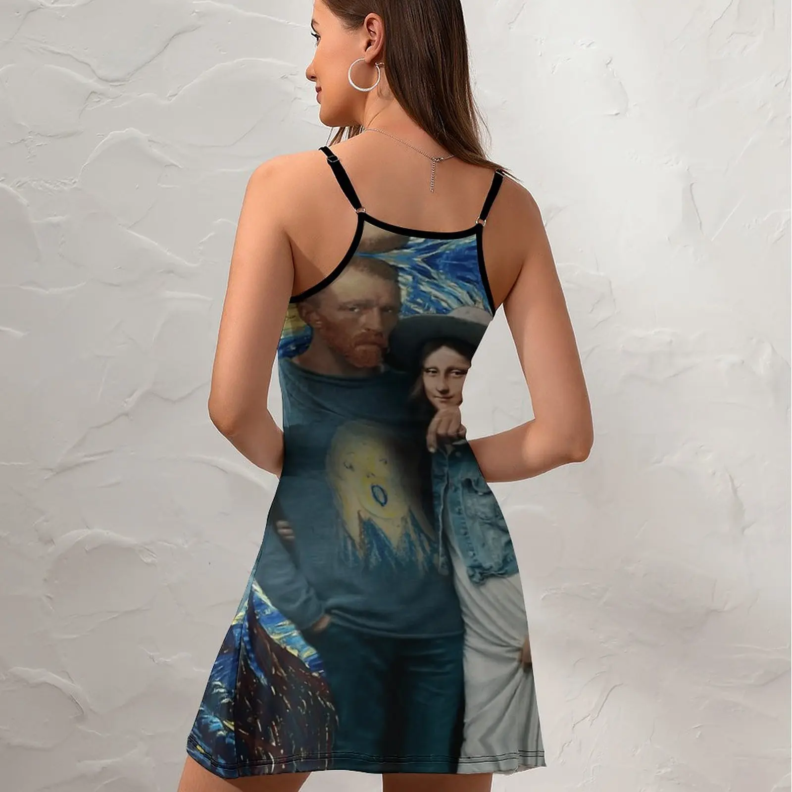 Vestido exótico de arte abstracto de Van Gogh con Mona Lisa para mujer, vestido de tirantes, vacaciones gráficas de Humor, único