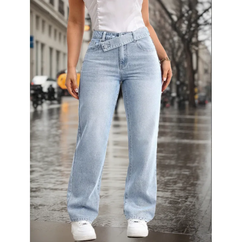 Women's Jeans [Popular] Blue Women's Casual Light Blue Washed Overlapping Waist Loose Straight Jeans, Now