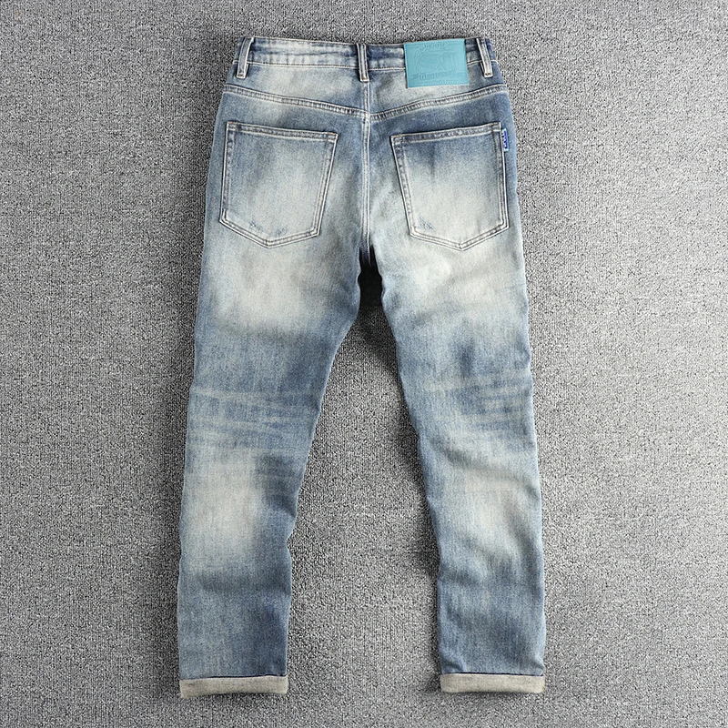 Vintage American Casual Stretch Denim Jeans for Men Spring Ripped Hole Heavy Washed Slim Fit Straight Pants 24SS Y2k Youth Male