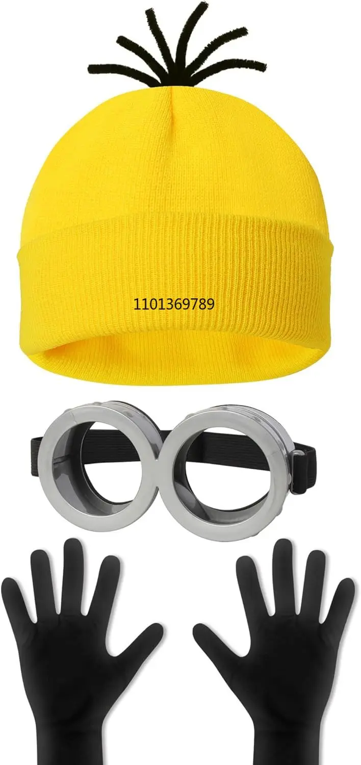 Accessoires de Costume de minions d'halloween pour adultes, lunettes/bonnet jaune/gants pour hommes et femmes, ensemble de fête Cosplay disfraz 3 pièces