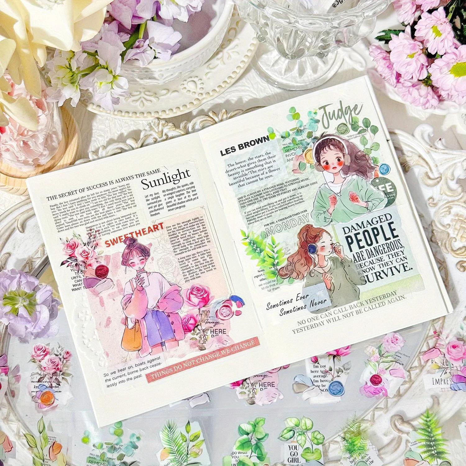 Cinta adhesiva de PET troquelada "Afecto Impreso" floral, diario de construcción de escenas y decoración de planificador, estética transparente, regalo de álbum de recortes DIY