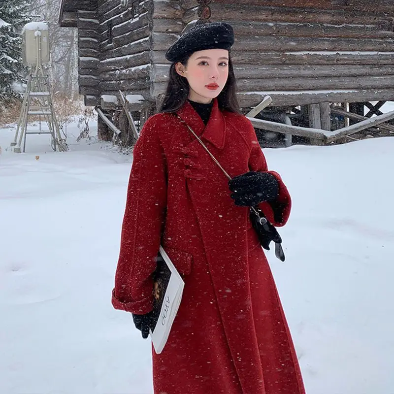 

Women's Loose Mid-calf Commuting Style Red Jacket Female Warm Coat Long Sleeve Cropped Overcoat 2000s Vintage Outerwear