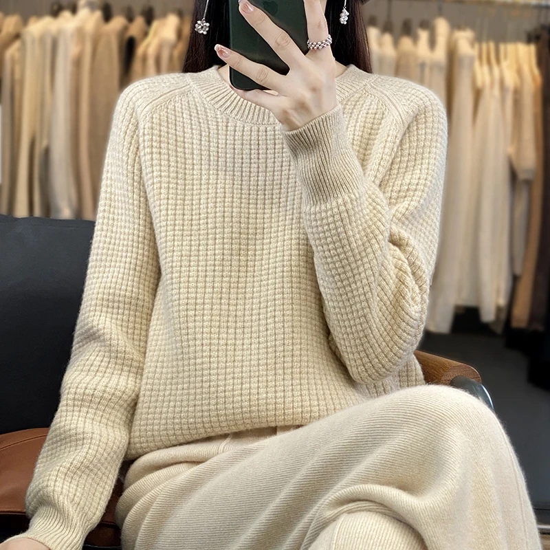 Hot Selling New WOTEEWS Women's Set Versatile O-Neck Pullover 100% Wool Sweater Loose Long Wide Leg Pants Women's Wool Set