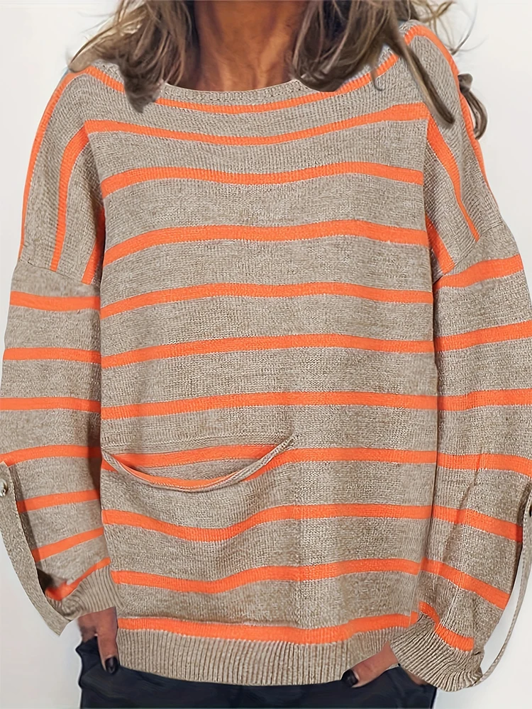 Women Knit Sweater Long Sleeve Crew Neck Striped Sweater Fall Winter Pullover Sweater Top