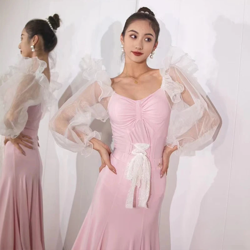 New Ballroom Dance Dress Women Performance Costume Pink Tops Skirt Adult Waltz Dance Clothes Prom Competition Dresses BL11074