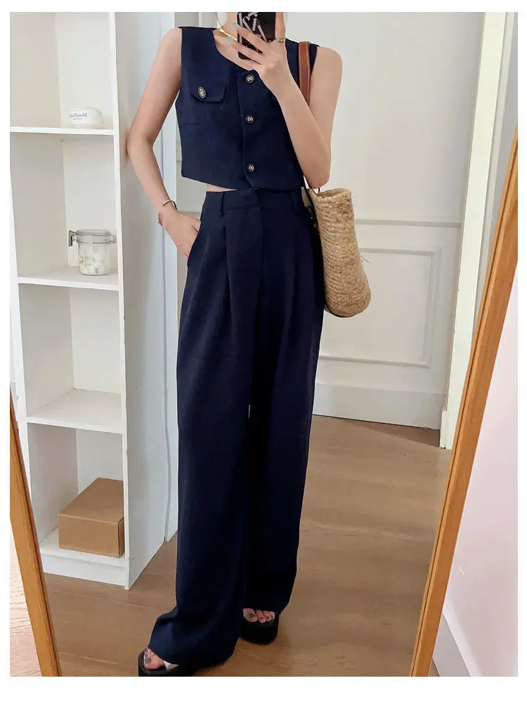 Two-piece female 2024 summer new Korean fashion sleeveless vest top+high waist straight wide-leg pants suit