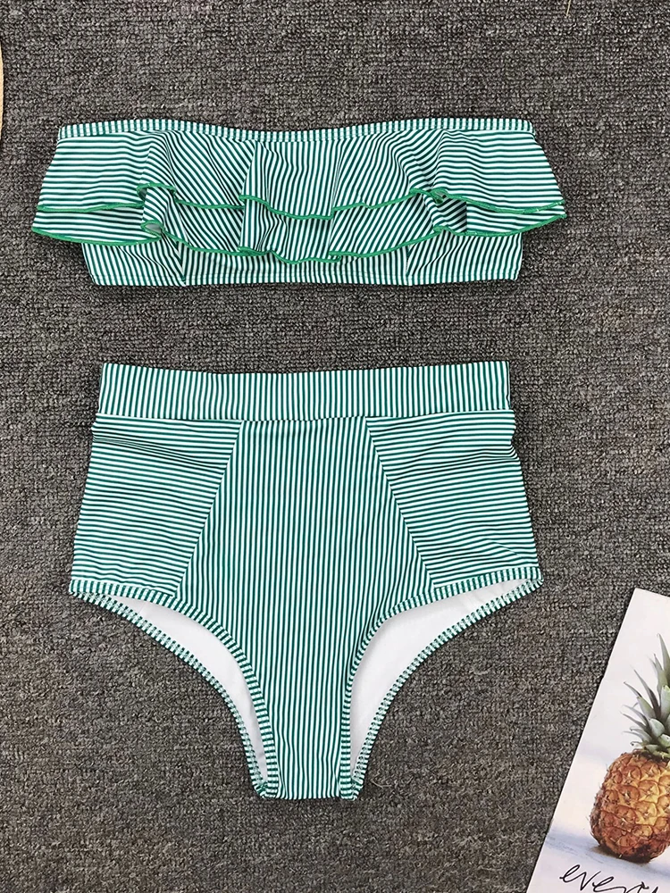 Seksowny niebieskie w stylu Retro z białymi paskami Bandeau z wysokim stanem Bikini damski strój kąpielowy damski kostium kąpielowy damski