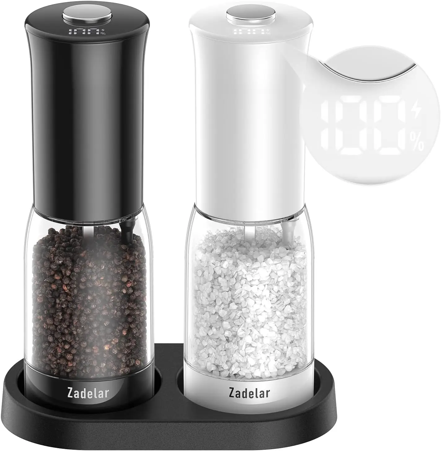 

Rechargeable Electric Salt and Pepper Grinder Set with LED Display, One-Hand Operation for Kitchen in White and Black