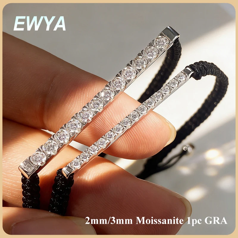 EWYA 2/3mm Moissanite Black Braided Rope Bracelet S925 Silver Minimalist Dainty Adjustable Hand Chain Jewelry Gift for Women Men