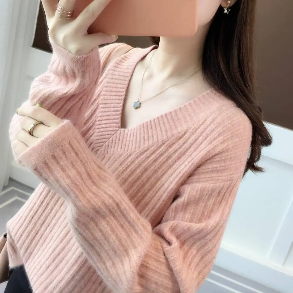 

Women's V Neck Knitwear Loose Long-Sleeved Pullover Korean Style Bottoming Top for Autumn And Winter