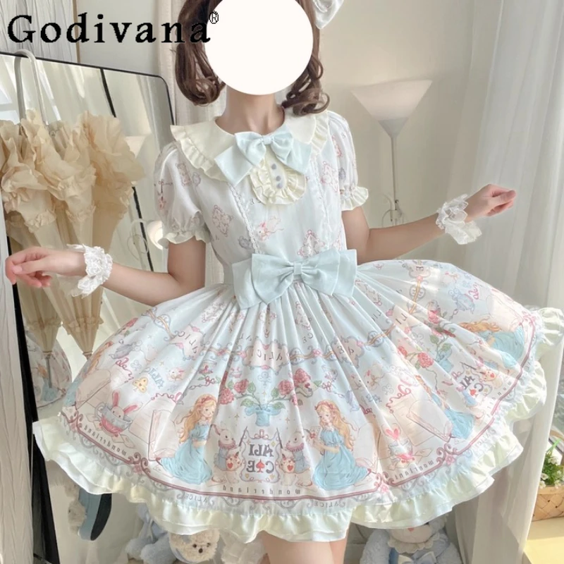 

Original Japanese Soft Girls Lolita Dresses OP 2025 Women Sweet Bowknot Print Birthday Party Princess Dress Y2K Strap Dress Jsk