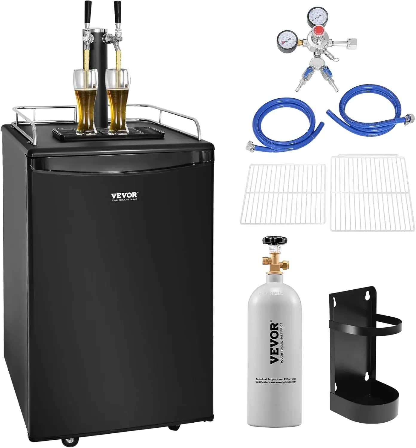 Beer Kegerator, Dual Tap Draft Beer Dispenser, Full Size Keg Refrigerator With Shelves, CO2 Cylinder, Drip Tray & Rail