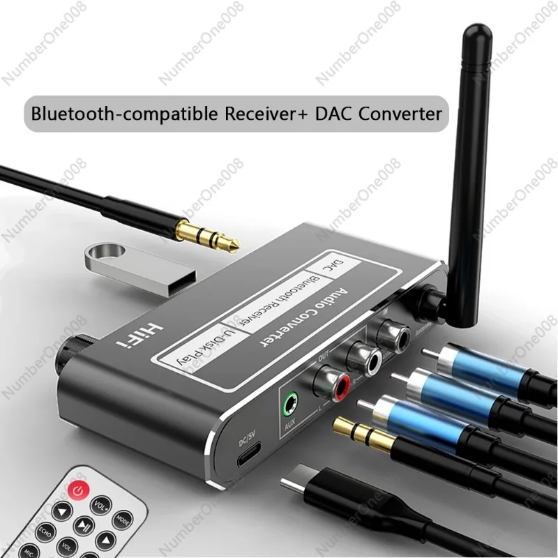 Wireless DAC Converter Bluetooth-compatible 5.2 Receiver Audio Coaxial to R/L 3.5mm Aux Adapter with U Disk Play Remote Control