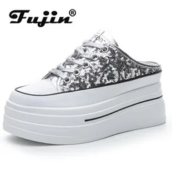 Fujin 7.5cm Air Mesh Hollow Synthetic Leather Women Wedge Chunky Sneakers Mixed Color Slipper Leisure Breathable Summer Platform